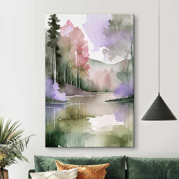 Quadri Quadri Acquerello raffigurante un fiume con alberi e montagne sullo sfondo (COD: s36501)