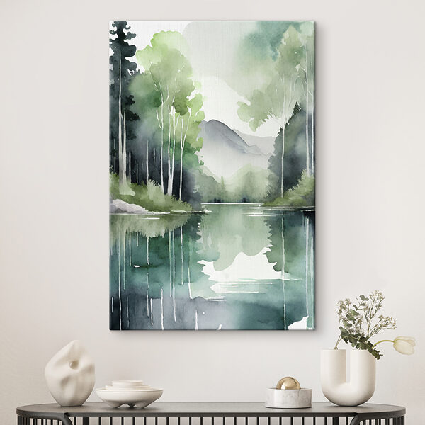 Watercolor painting of a lake surrounded by trees and mountains