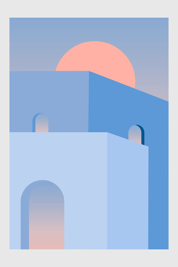 A blue building with a pink sun behind it A blue building with a pink sun behind it