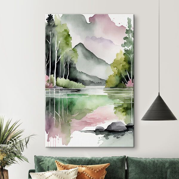 Quadri Quadri Acquerello raffigurante un lago con alberi e montagne sullo sfondo (COD: s36507)