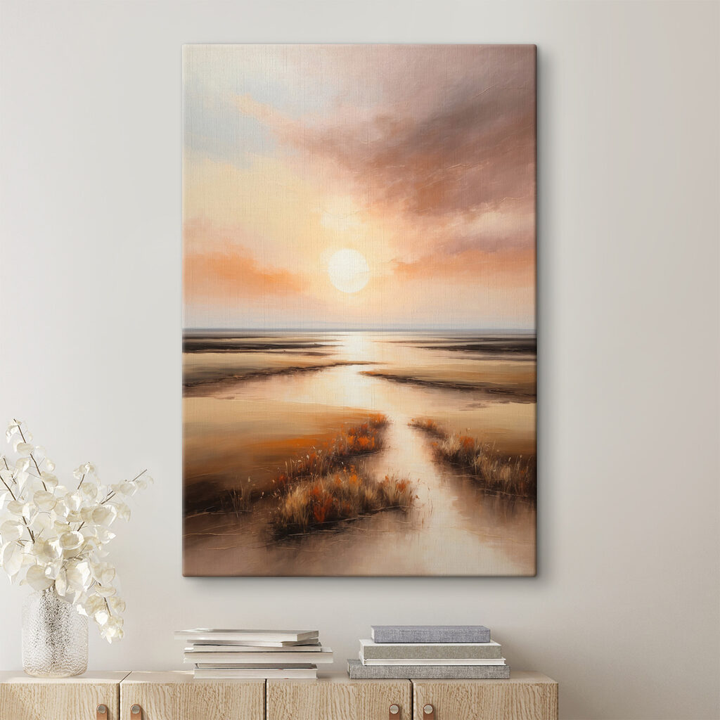 A painting of a sunset over a marsh A painting of a sunset over a marsh