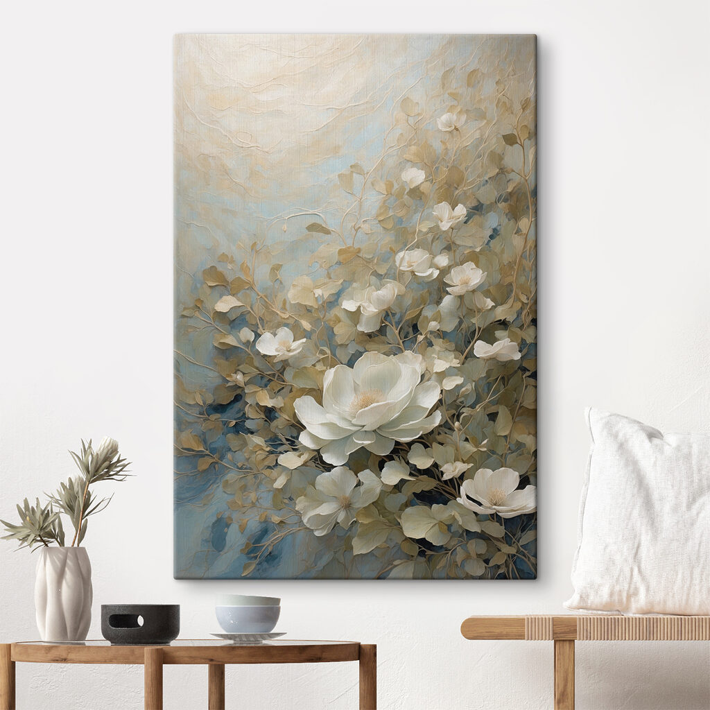 A painting of white flowers and leaves