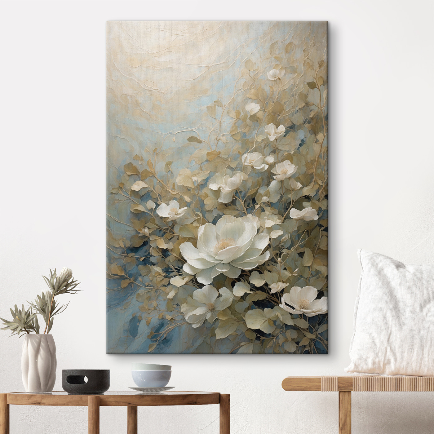 A painting of white flowers and leaves