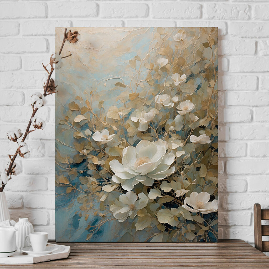 A painting of white flowers and leaves