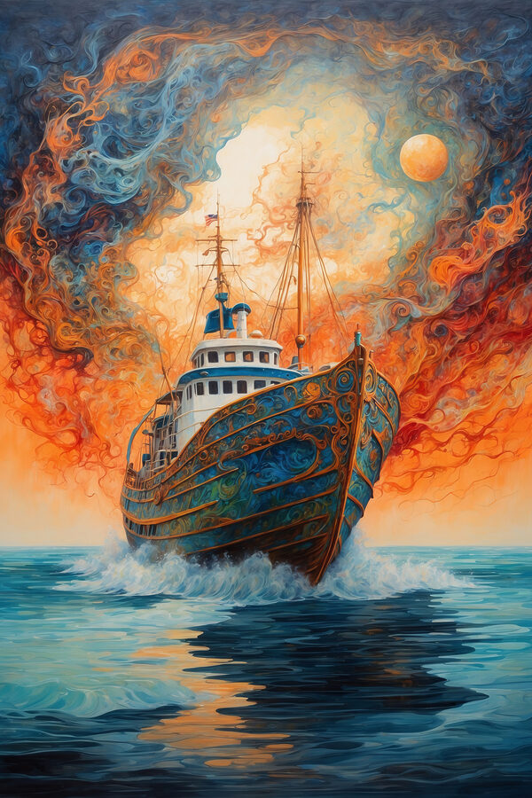 A painting of a ship in the ocean A painting of a ship in the ocean