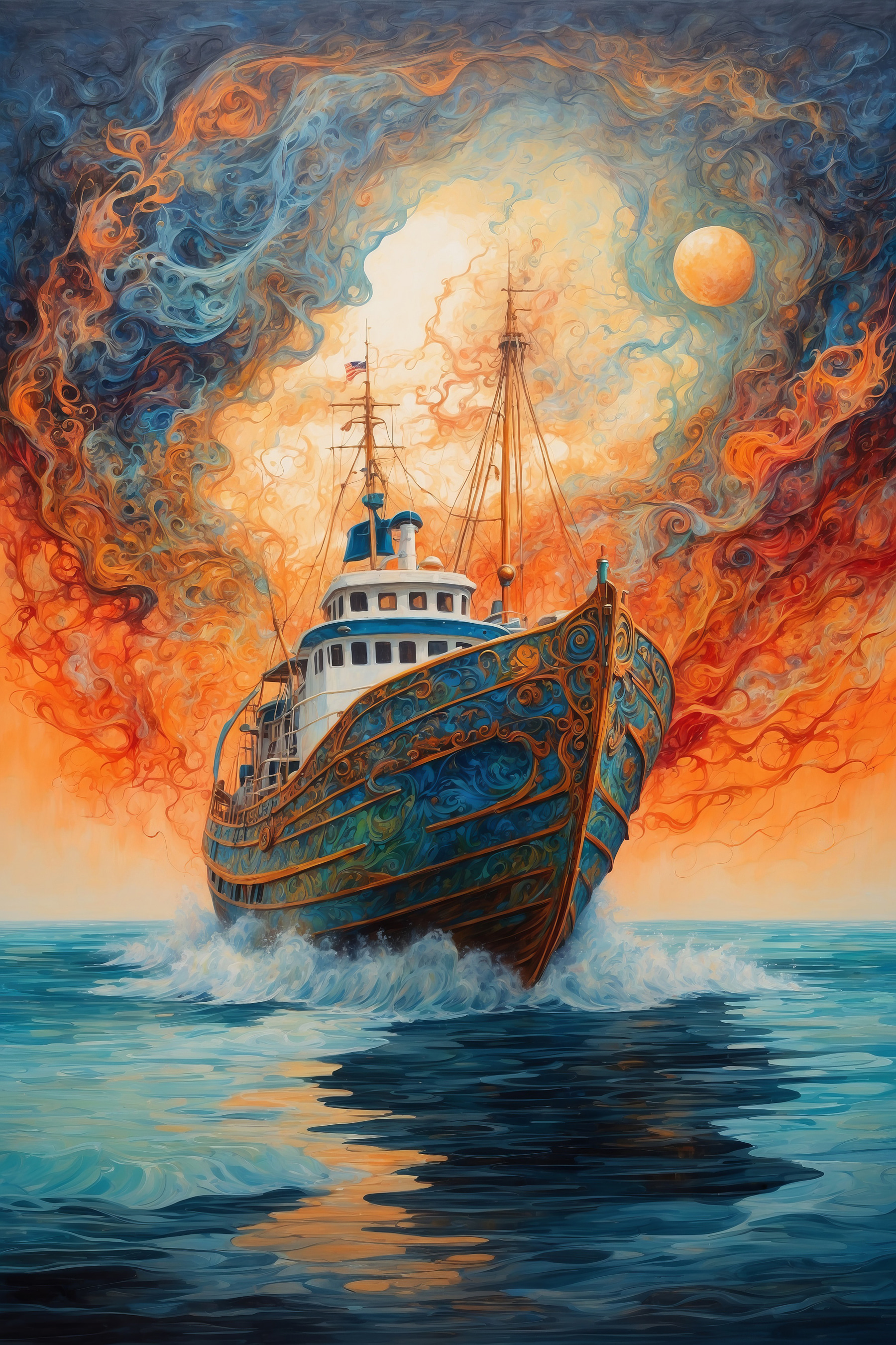 A painting of a ship in the ocean A painting of a ship in the ocean