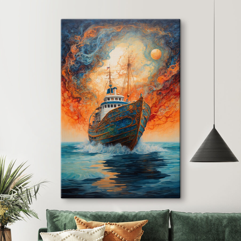 A painting of a ship in the ocean A painting of a ship in the ocean