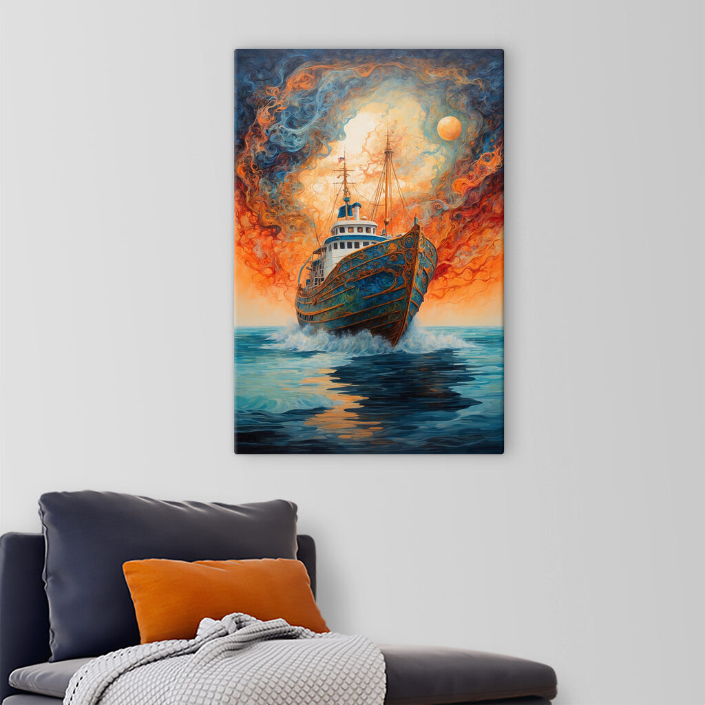 A painting of a ship in the ocean A painting of a ship in the ocean