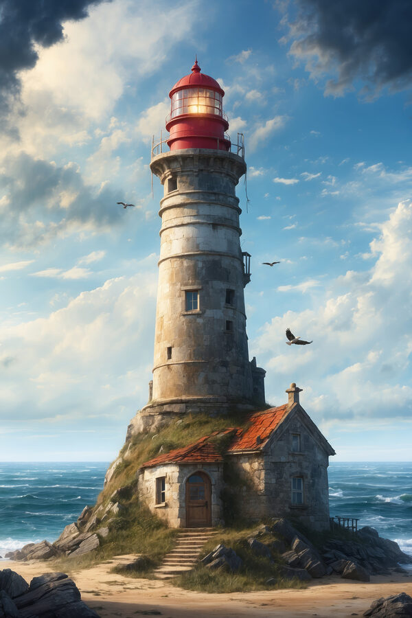 A lighthouse on a rock with Ford Island in the background A lighthouse on a rock with Ford Island in the background