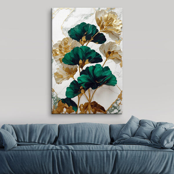 A green and white flowers on a marble surface