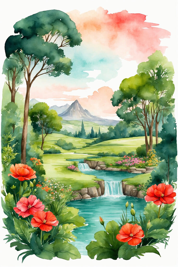 A watercolor painting of a river and flowers A watercolor painting of a river and flowers
