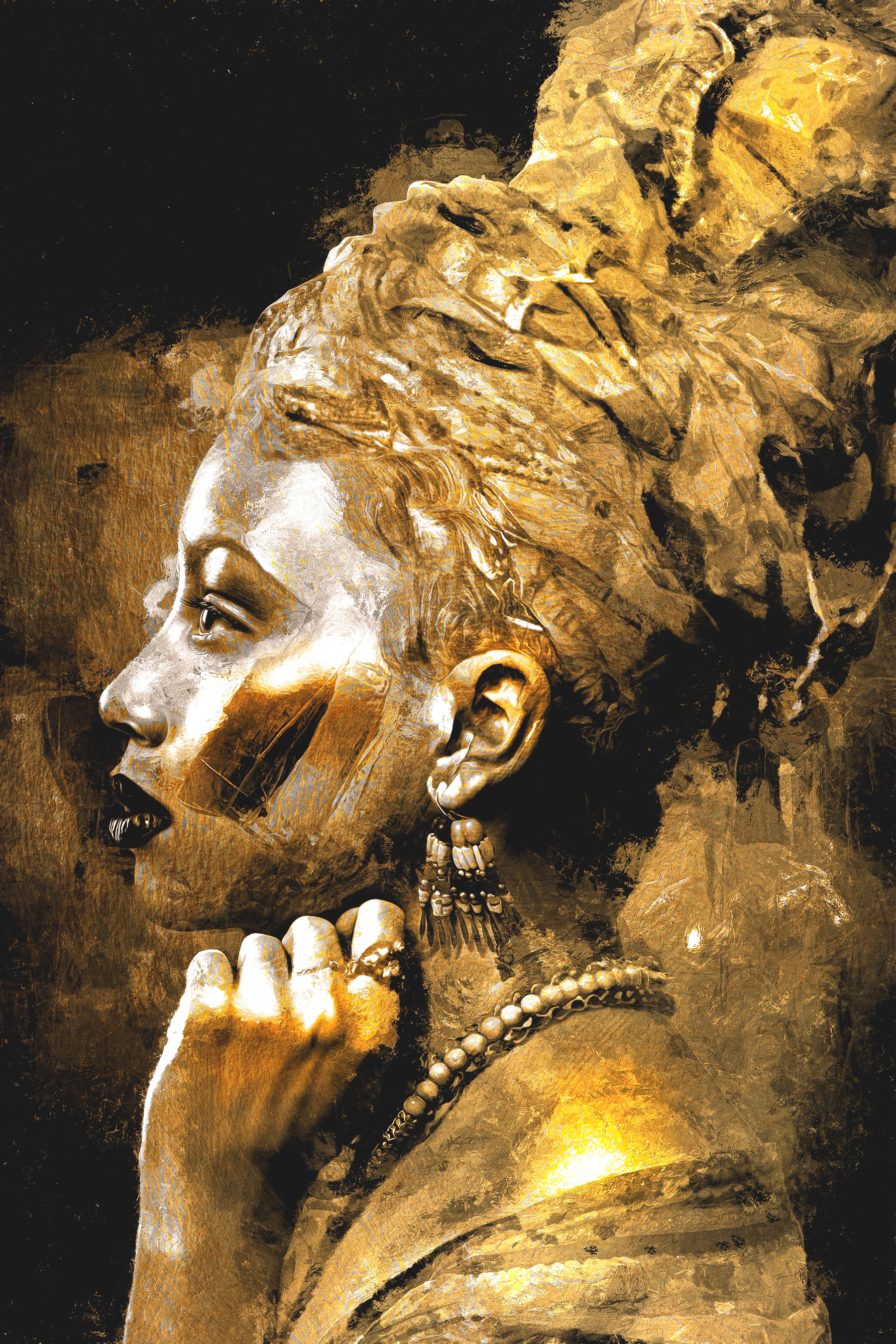 A woman with a turban and a hand on her chin A woman with a turban and a hand on her chin