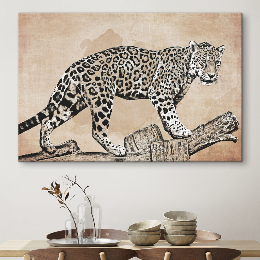 A drawing of a leopard walking on a log A drawing of a leopard walking on a log