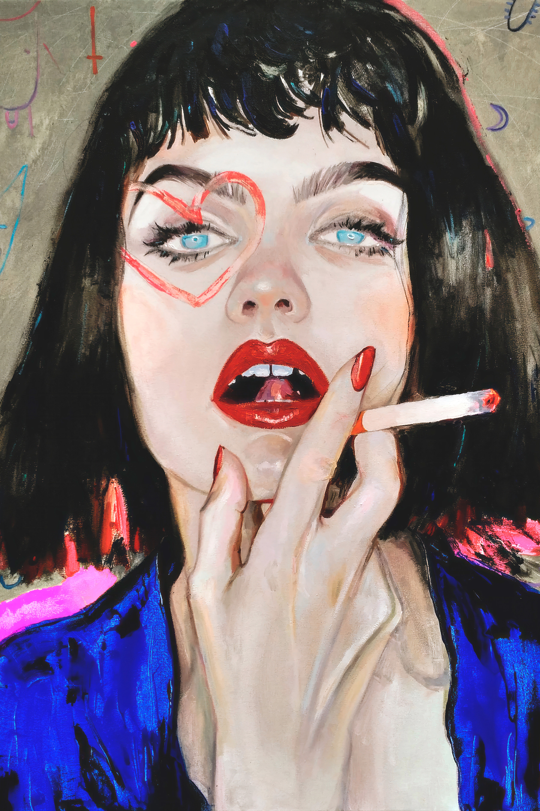 A woman with red lipstick and red lips smoking a cigarette A woman with red lipstick and red lips smoking a cigarette