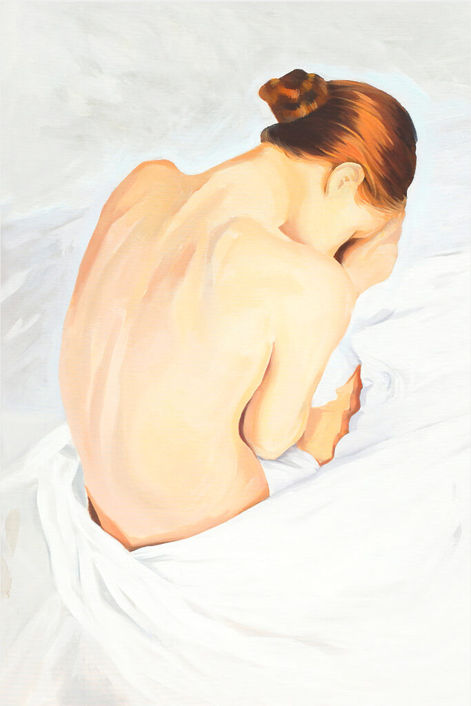 A painting of a woman with her head in her hands A painting of a woman with her head in her hands