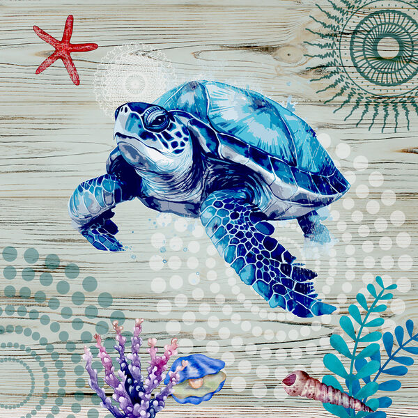 A blue sea turtle with corals and shells A blue sea turtle with corals and shells