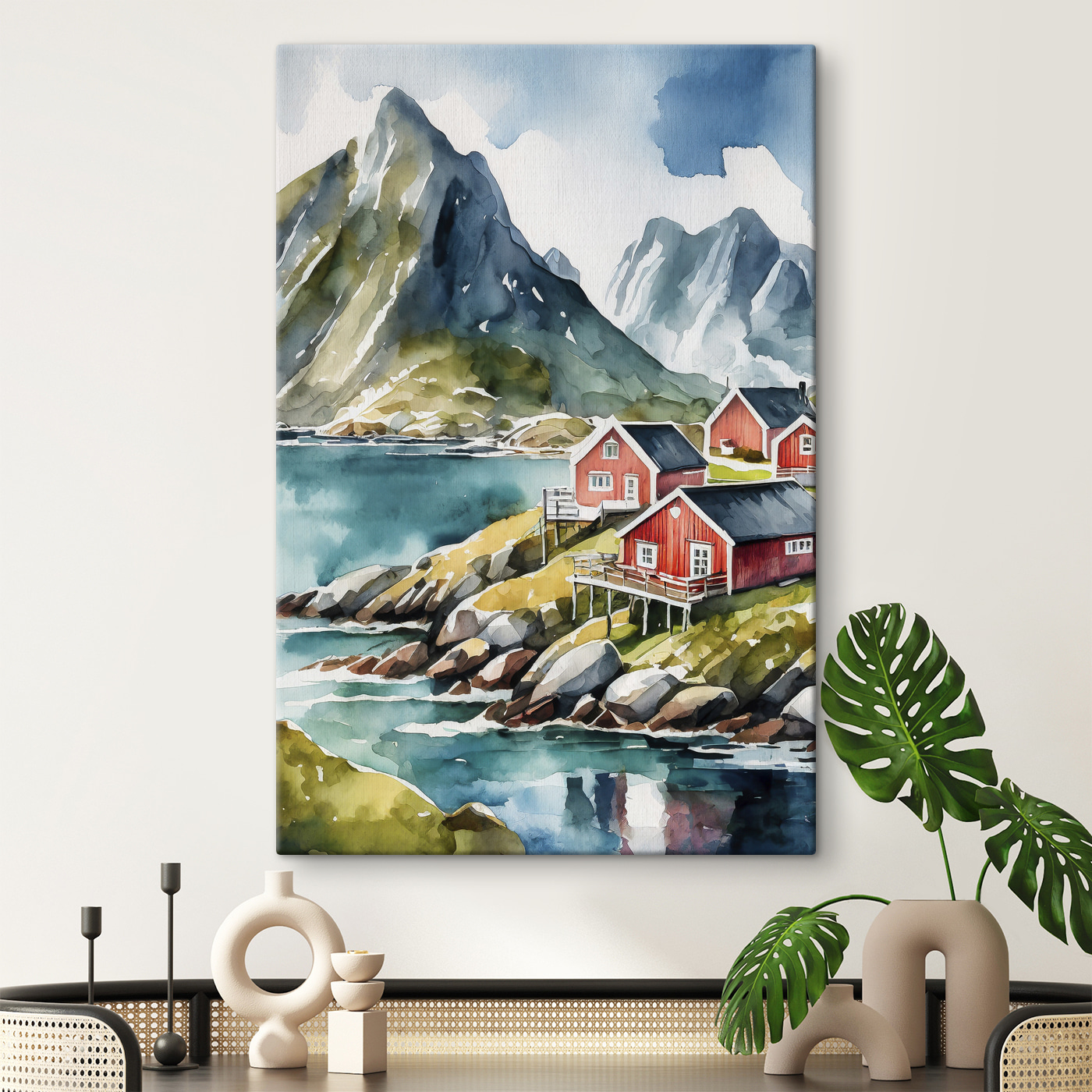 Watercolor painting of houses on a hill by a body of water