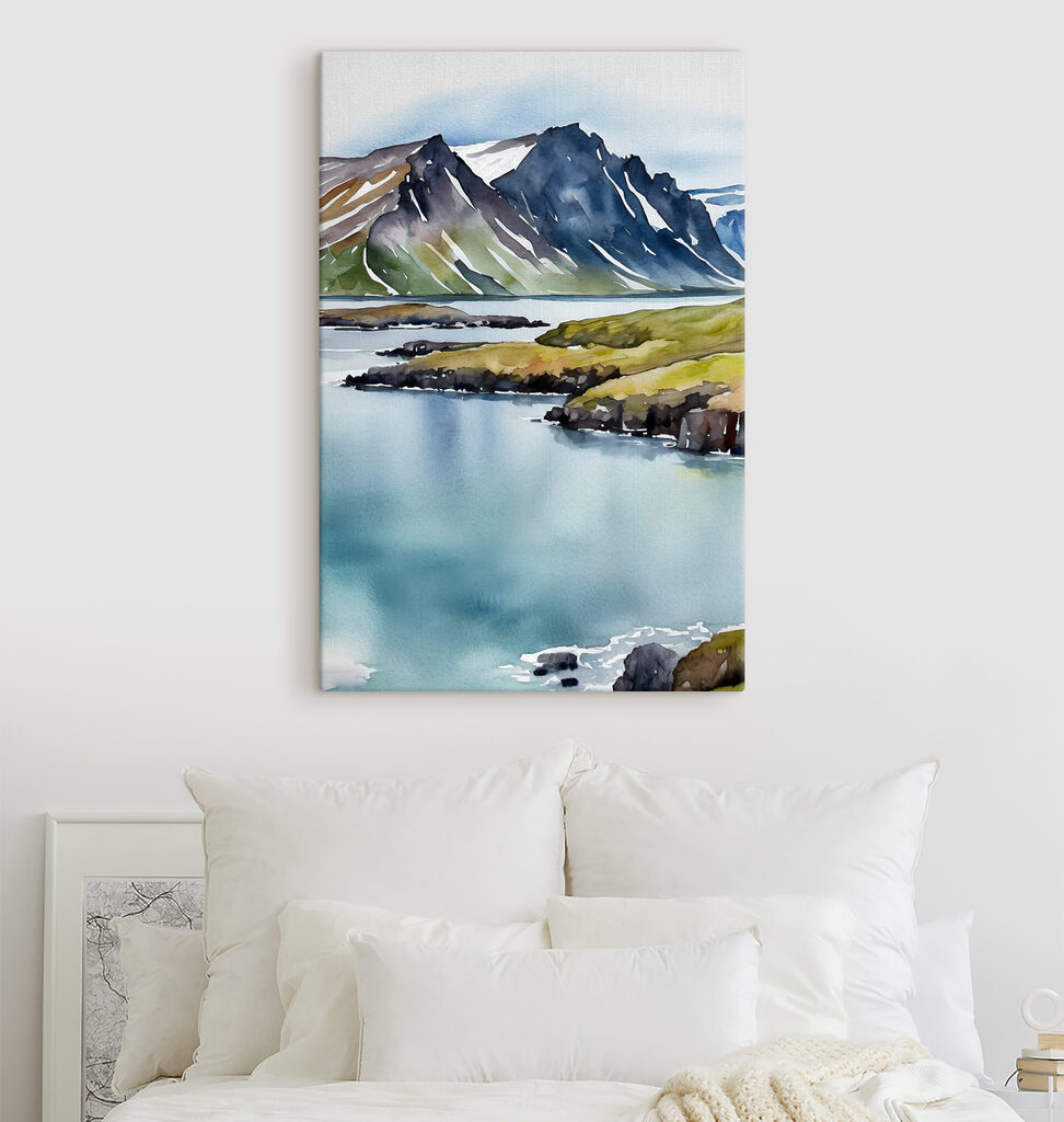 Watercolor of a lake and mountains