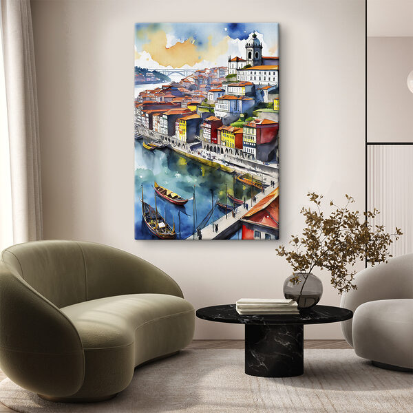 Quadri Quadri Acquerello raffigurante una città con barche e un ponte (COD: s36680)