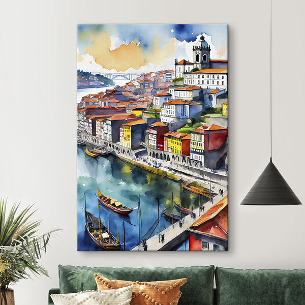 Watercolor of a city with boats and a bridge