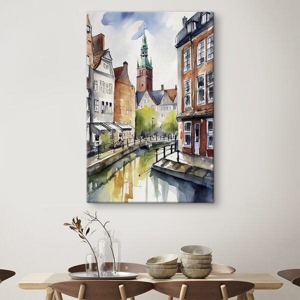 Watercolor of a canal with buildings and a tower