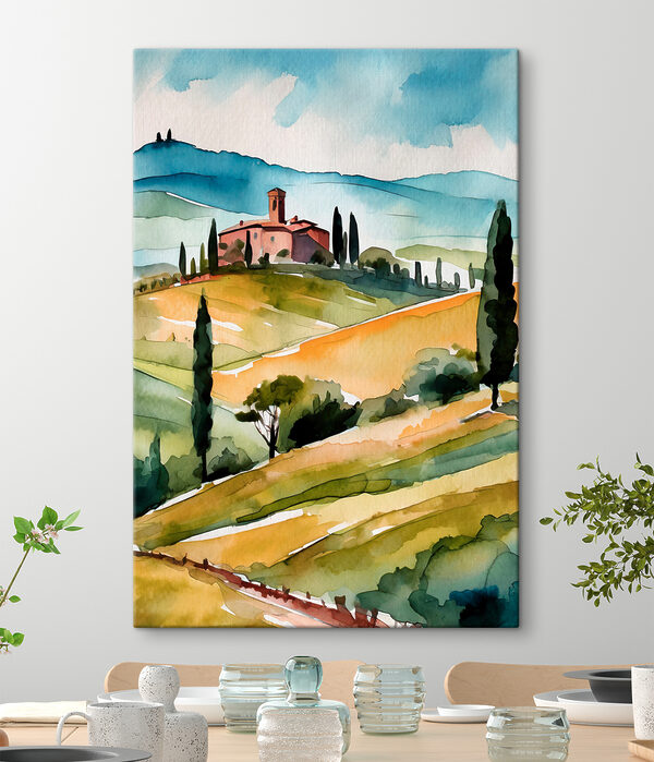 Quadri Quadri Acquerello raffigurante una casa su una collina circondata da alberi e colline (COD: s36683)