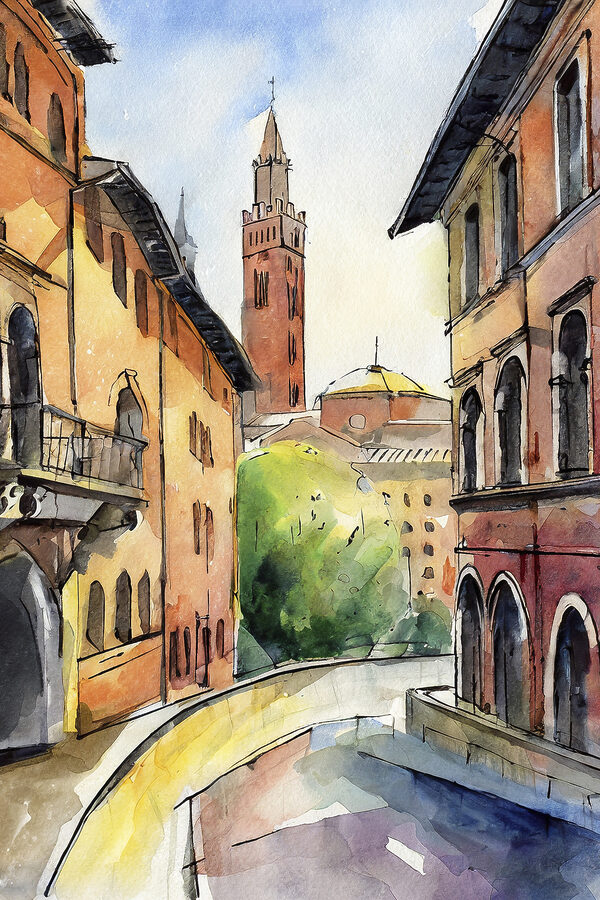 Watercolor of a street with buildings and trees