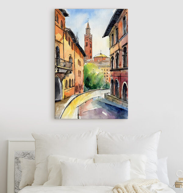 Quadri Quadri Acquerello raffigurante una strada con edifici e alberi (COD: s36684)
