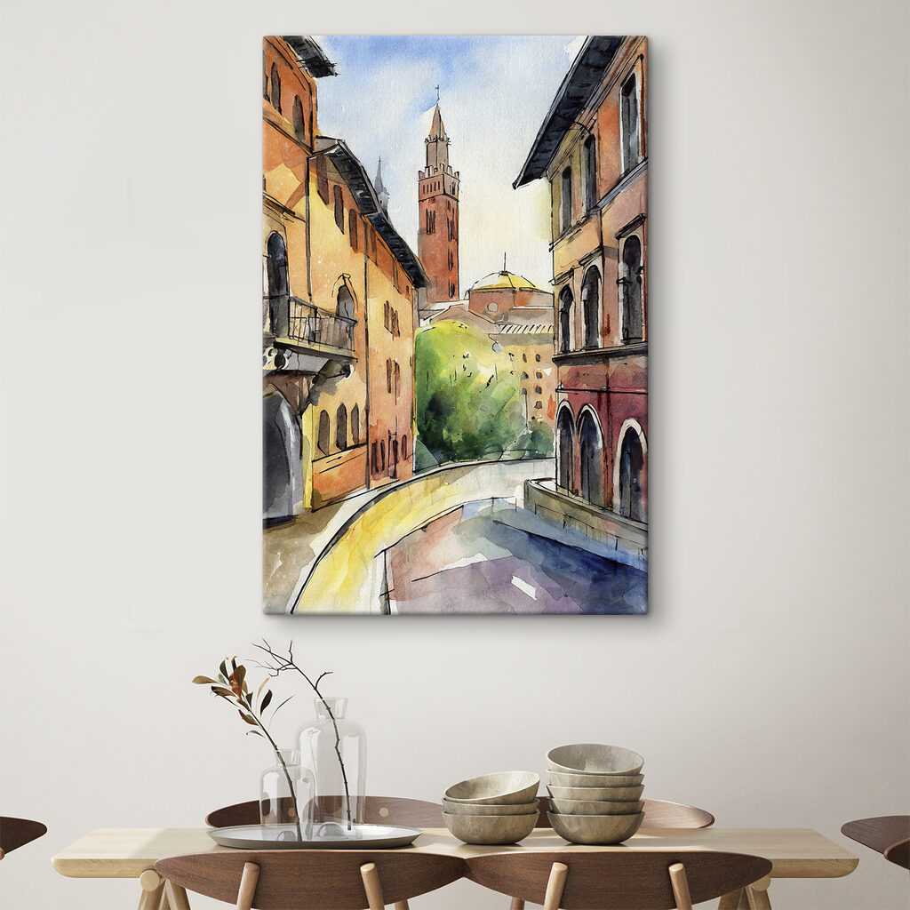 Watercolor of a street with buildings and trees