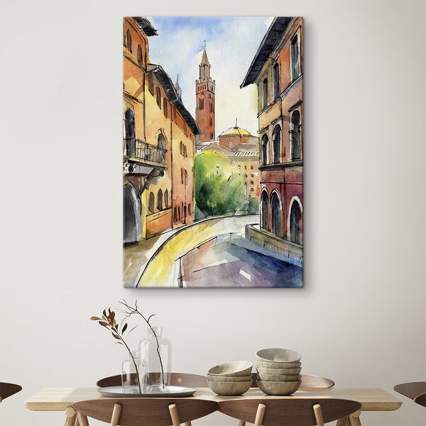 Watercolor of a street with buildings and trees