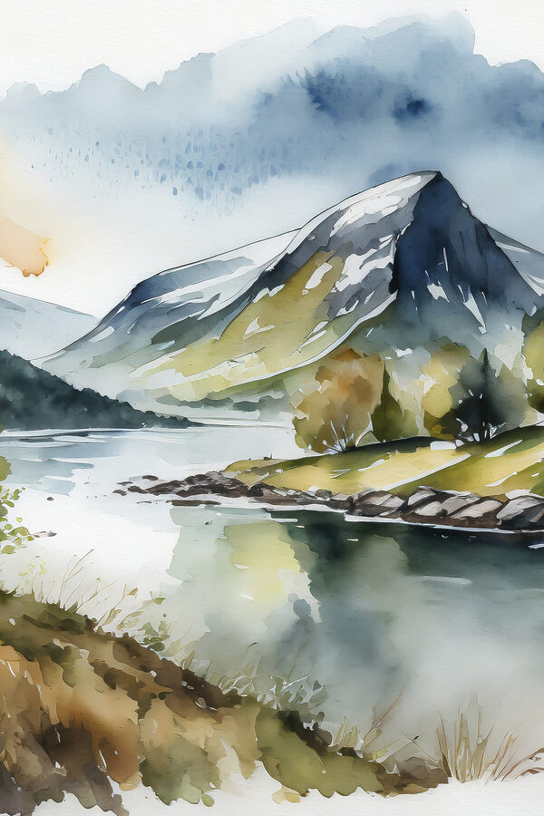 Watercolor of a mountain and a river
