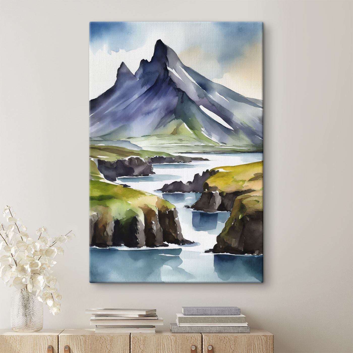 Watercolor painting of a mountain and a river
