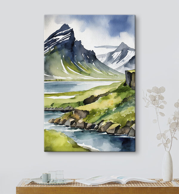 Watercolor painting of a mountain and lake
