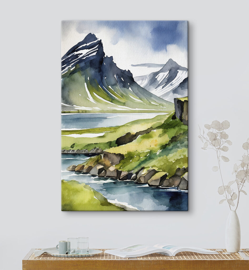Watercolor painting of a mountain and lake