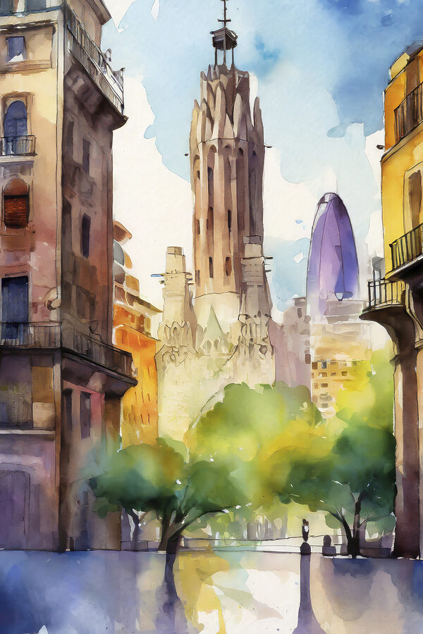 A watercolor of a city