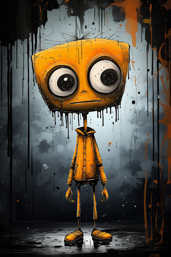 A cartoon character with a square head and large eyes