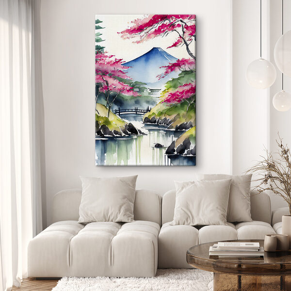 Quadri Quadri Acquerello raffigurante una montagna e degli alberi con fiori rosa (COD: s36691)