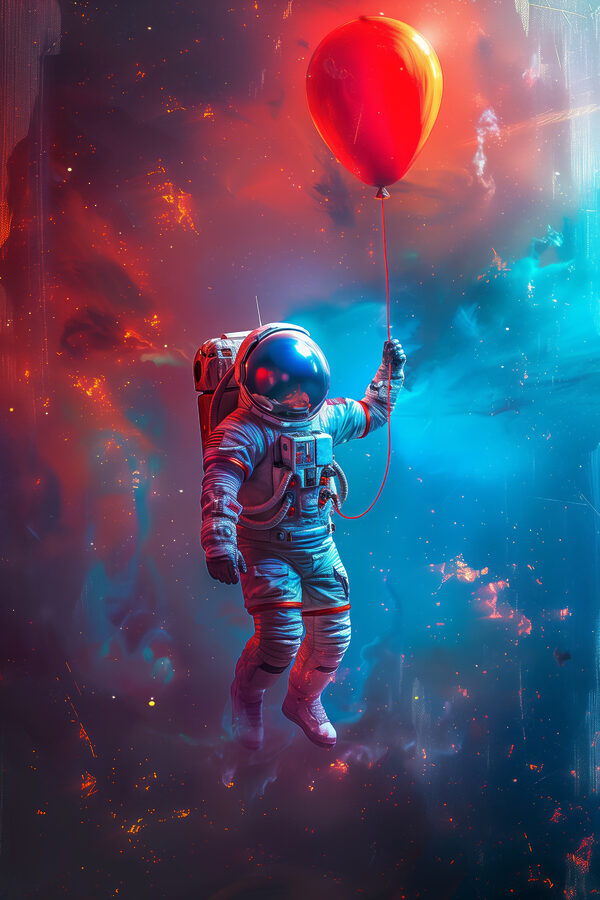 An astronaut holding a red balloon