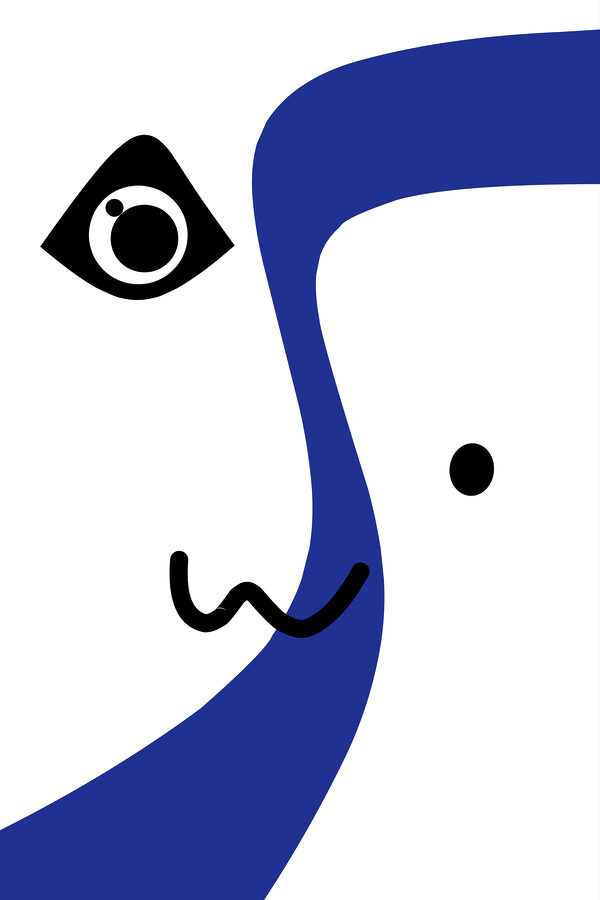 A blue and white face with black eyes and a black line
