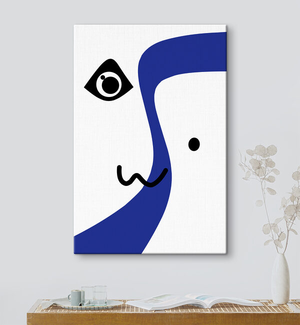A blue and white face with black eyes and a black line