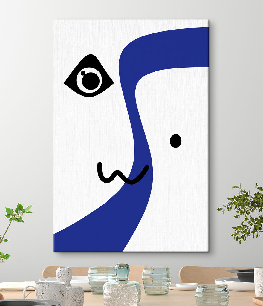 A blue and white face with black eyes and a black line