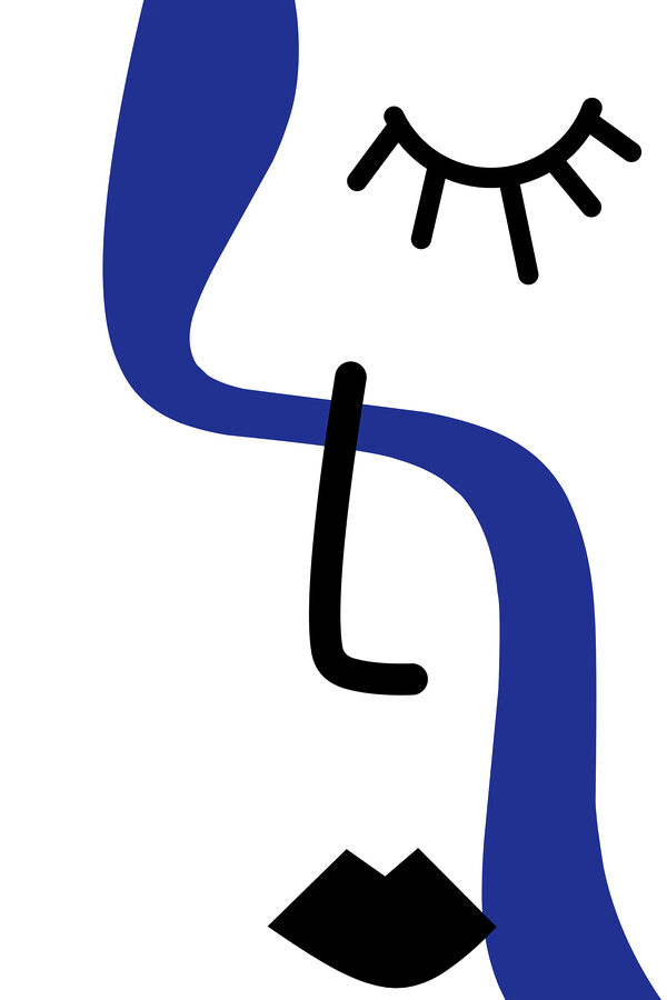 A blue and black drawing of a person with a sun
