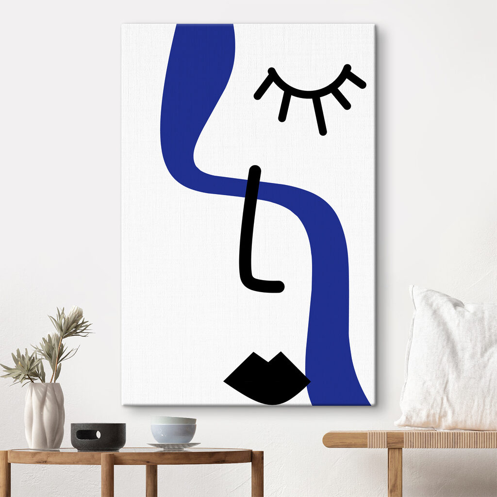 A blue and black drawing of a person with a sun
