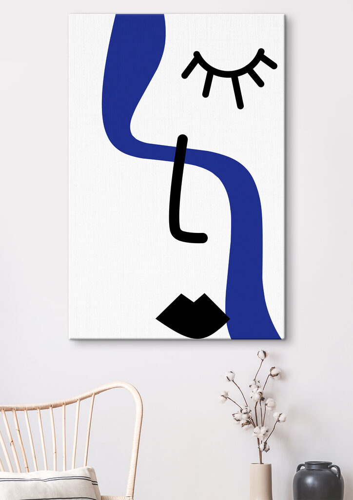 A blue and black drawing of a person with a sun