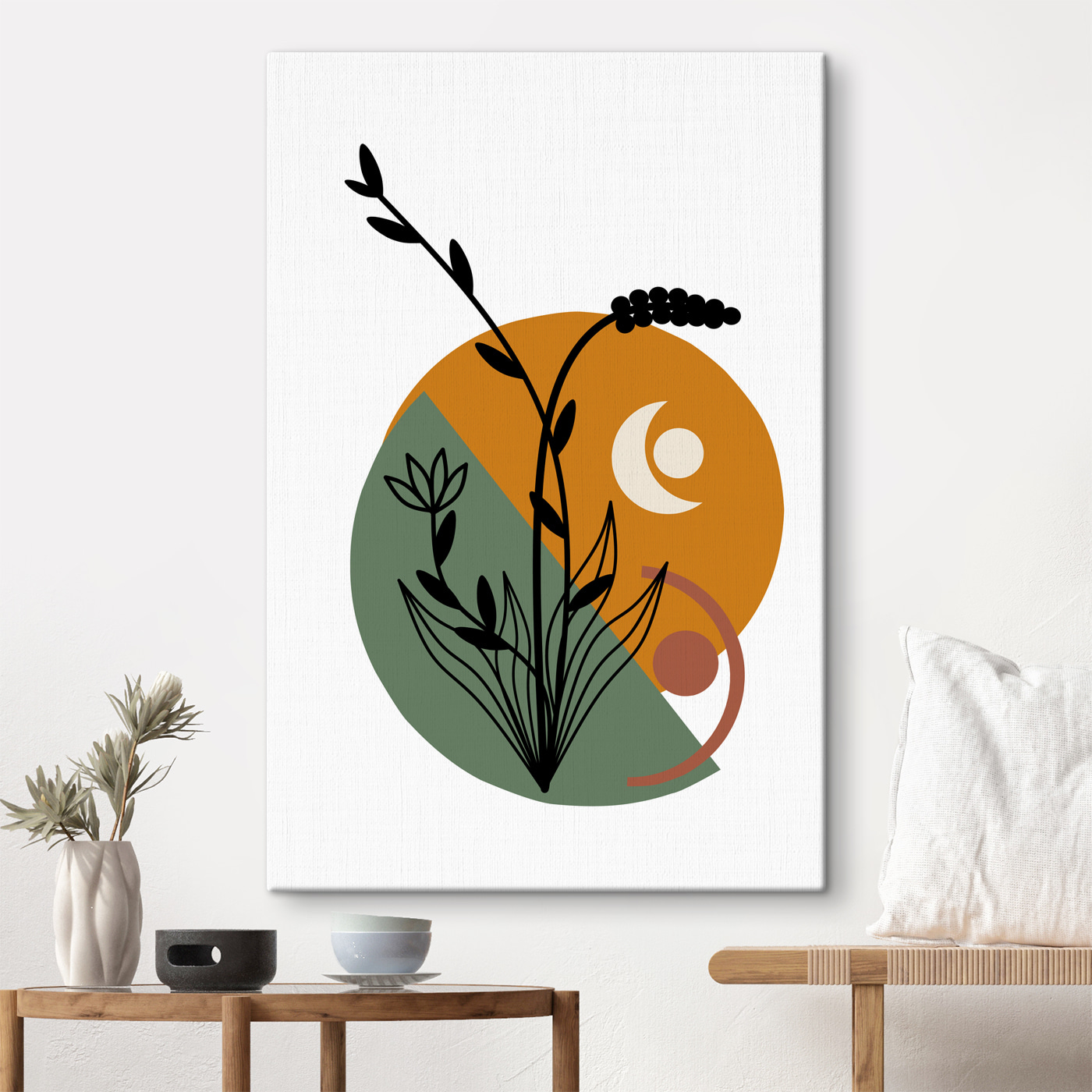 A flower with leaves and a circle