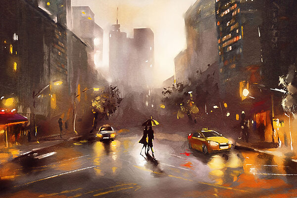 A person with an umbrella walking on a wet street with cars and buildings A person with an umbrella walking on a wet street with cars and buildings