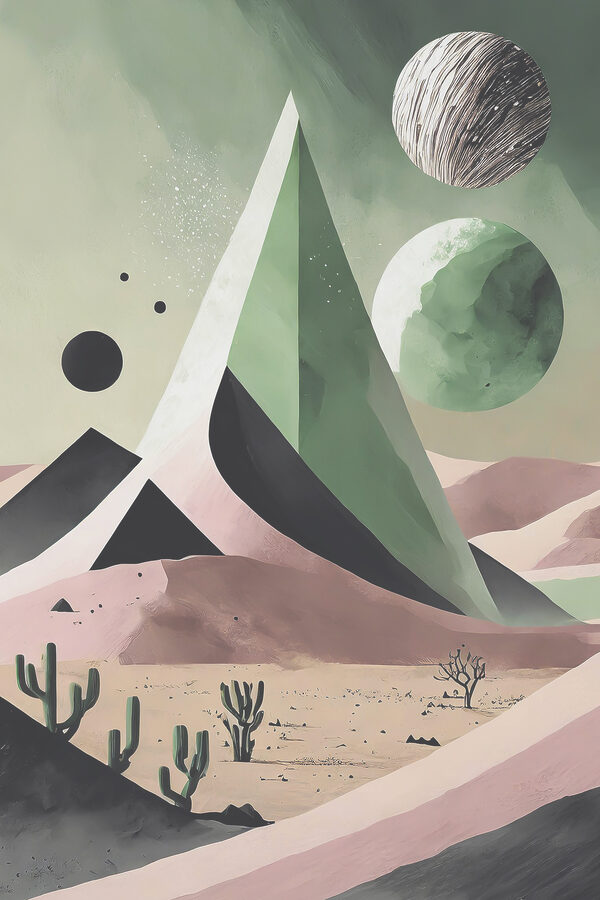 A desert landscape with cactuses and a pyramid