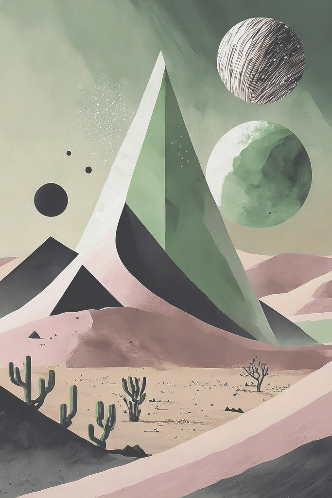 A desert landscape with cactuses and a pyramid