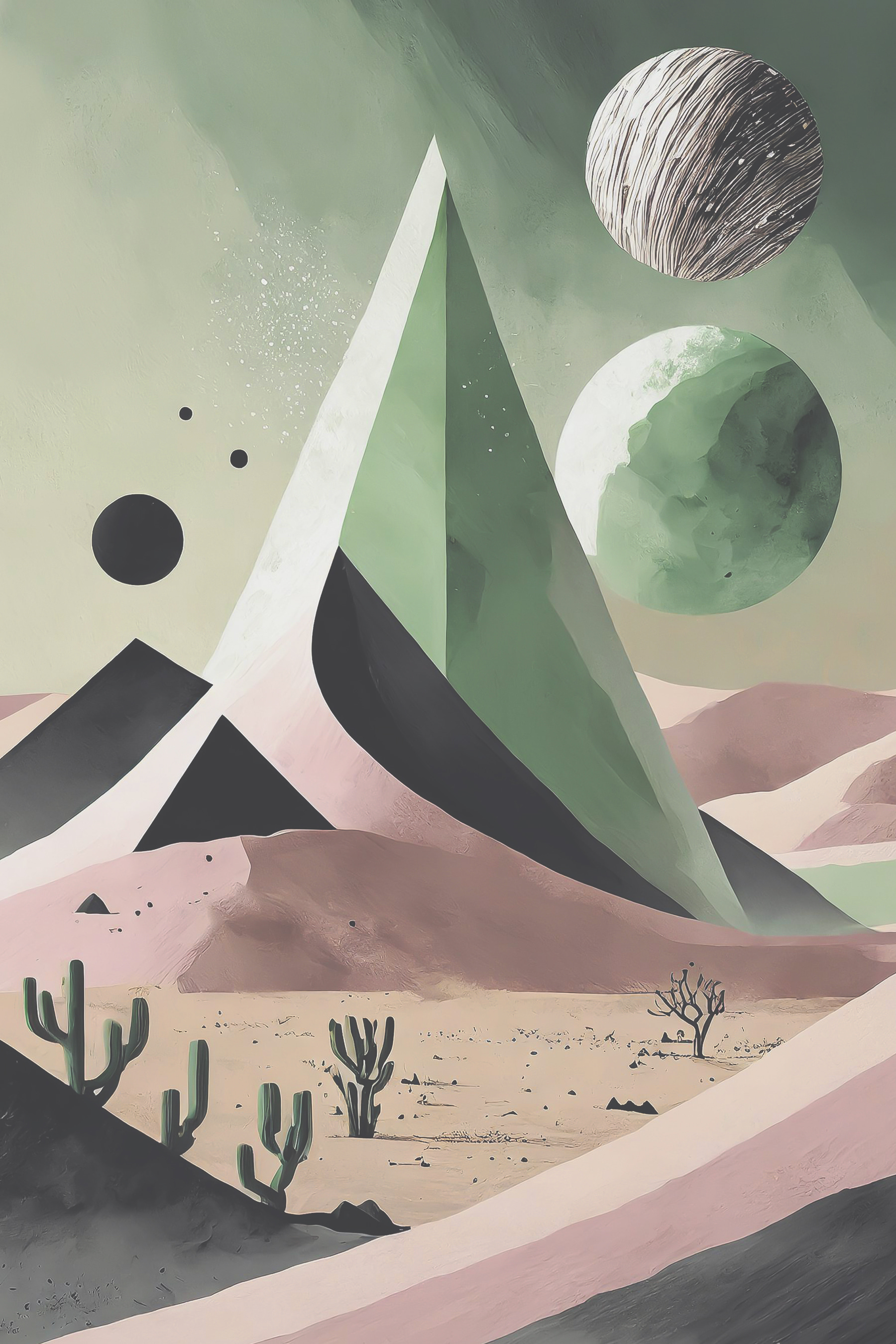 A desert landscape with cactuses and a pyramid