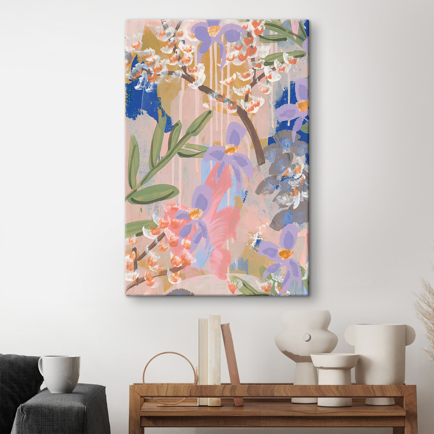 A painting of flowers and leaves